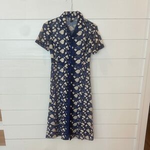European designer Elegant Navy and Cream Patterned Midi Dress